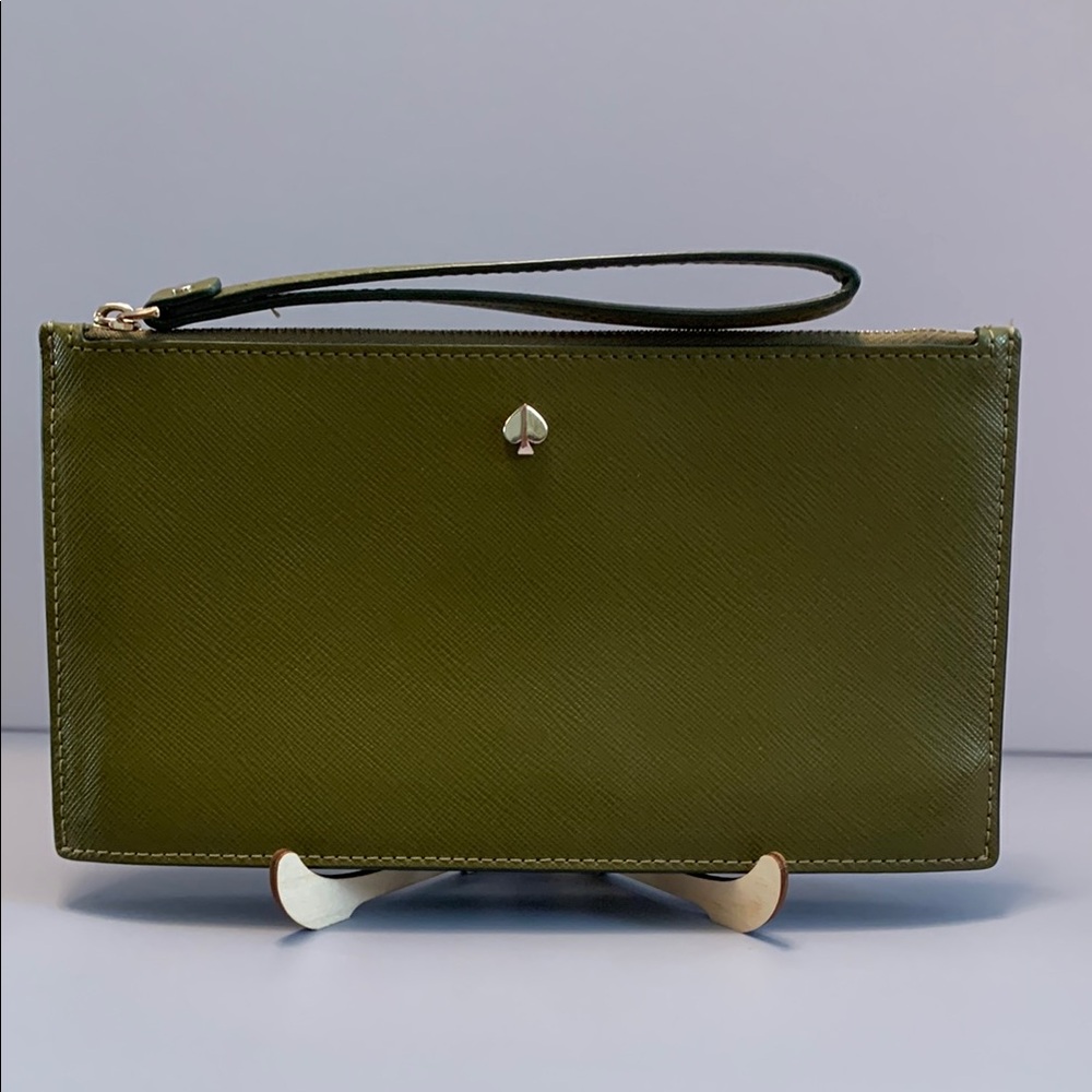 Kate Spade Olive Saffiano Leather Wristlet W Butterfly Bag Charm - Picture 2 of 16